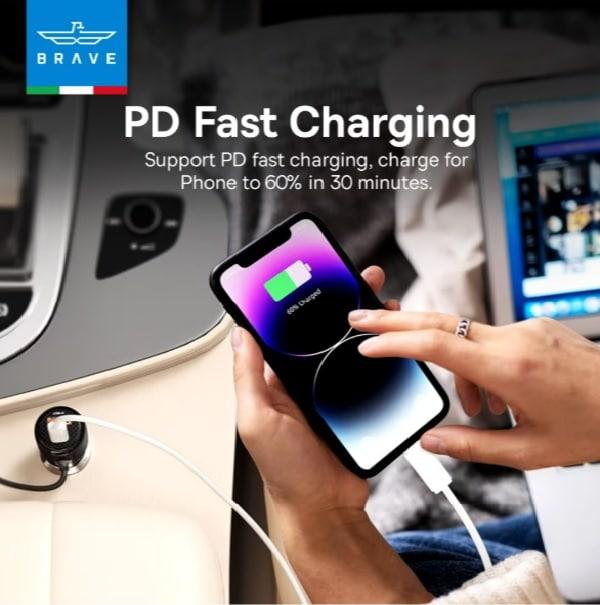 Brave | 110W 2-Port Car Charge With Tyoe-C Cable | BCC-27 Brave | 110W 2-Port Car Charge With Tyoe-C Cable | BCC-27